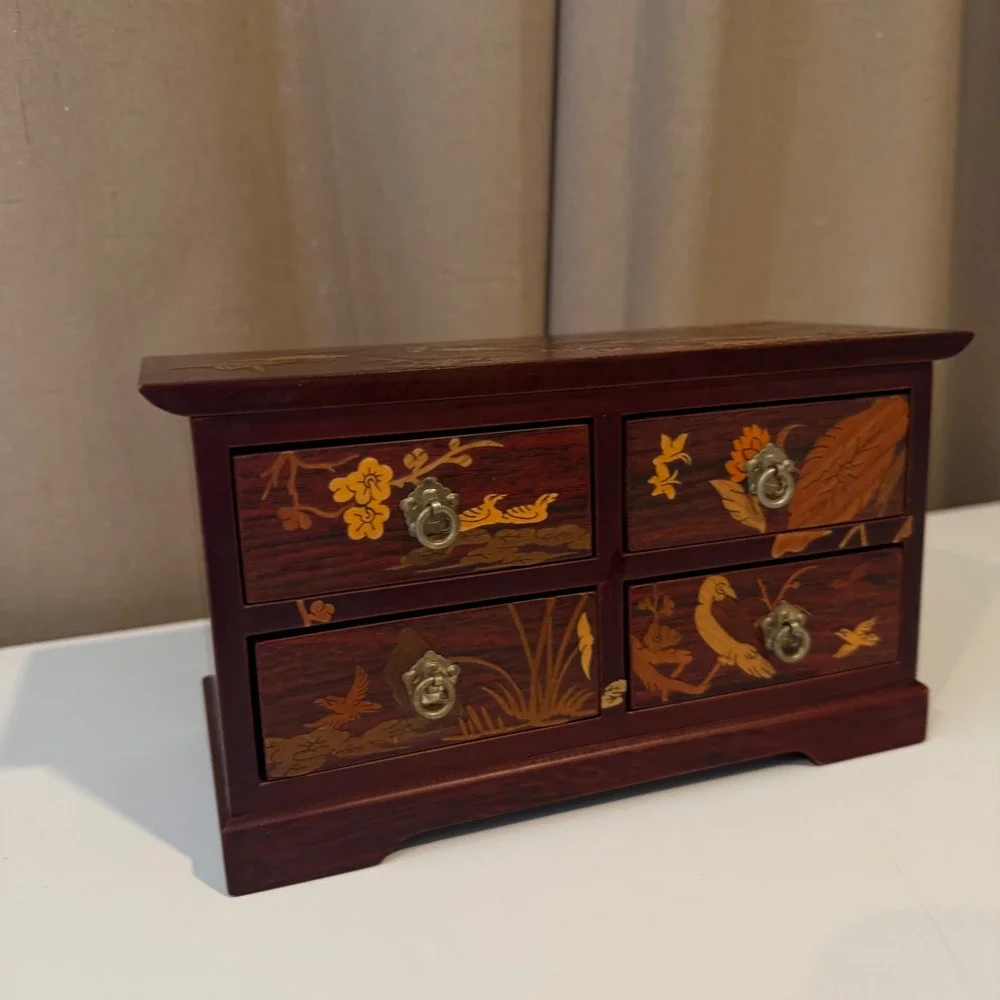 Vintage‎ Japanese Yosegi Zaiku Marquetry Wood Jewelry Box 4 Drawer Crane Inlay